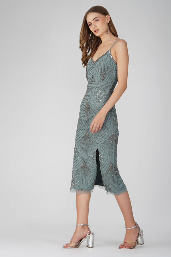 lace & beads Penelope Embellished Midi Dress in Teal
