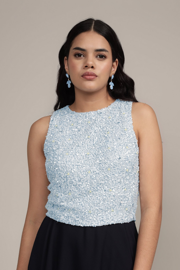 lace & beads Picasso Embellished Top in Light Blue
