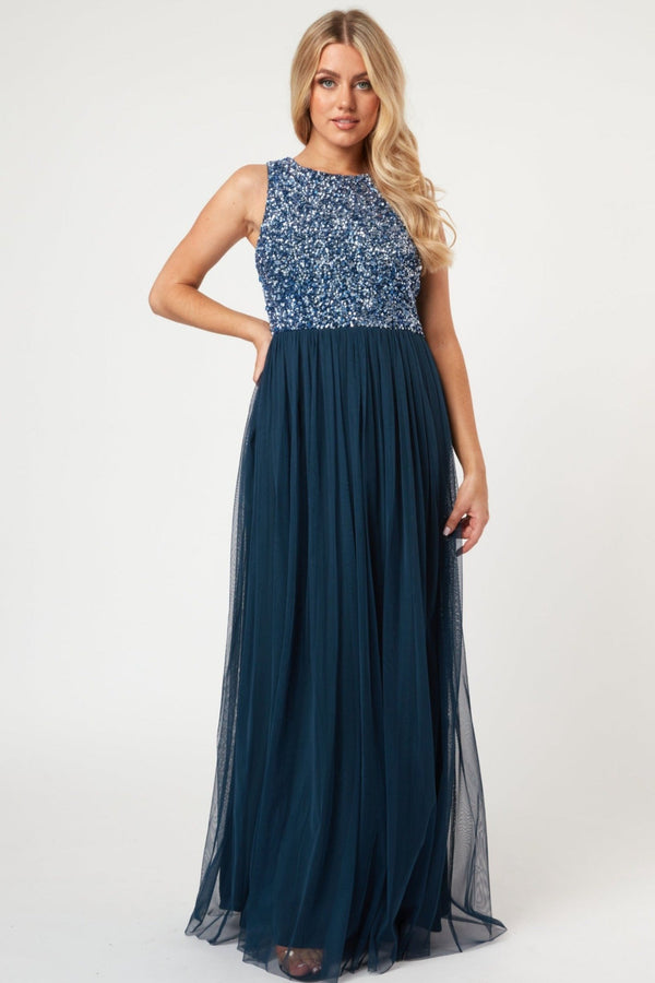 Lace & Beads Picasso Navy Blue Bridesmaid Maxi Dress