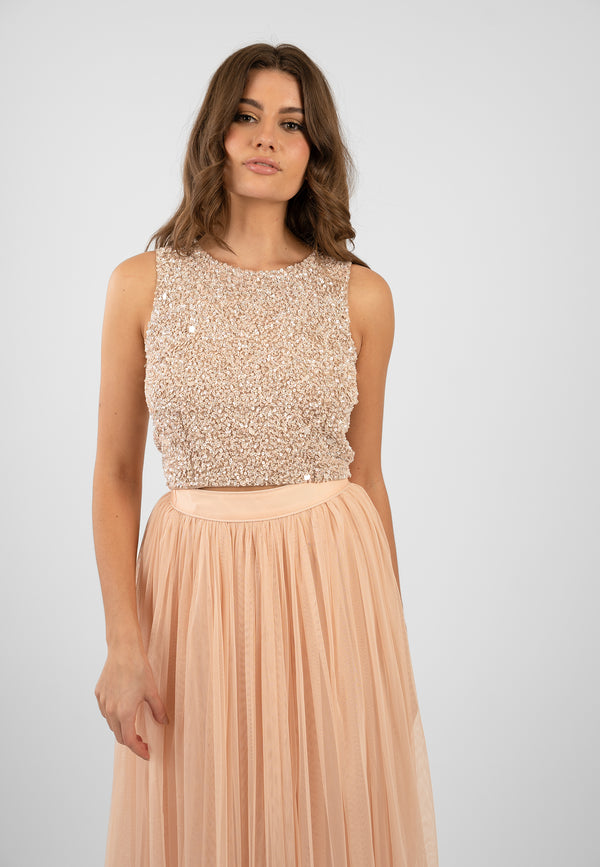 Lace & Beads Picasso Nude Embellished Sequin Top