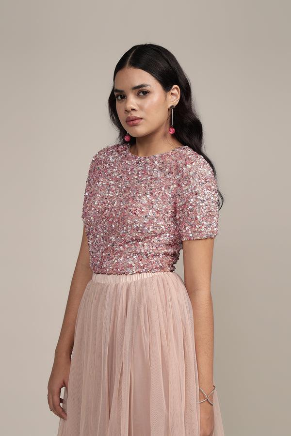 Lace & Beads Priya Picasso Embellished Top In Mauve