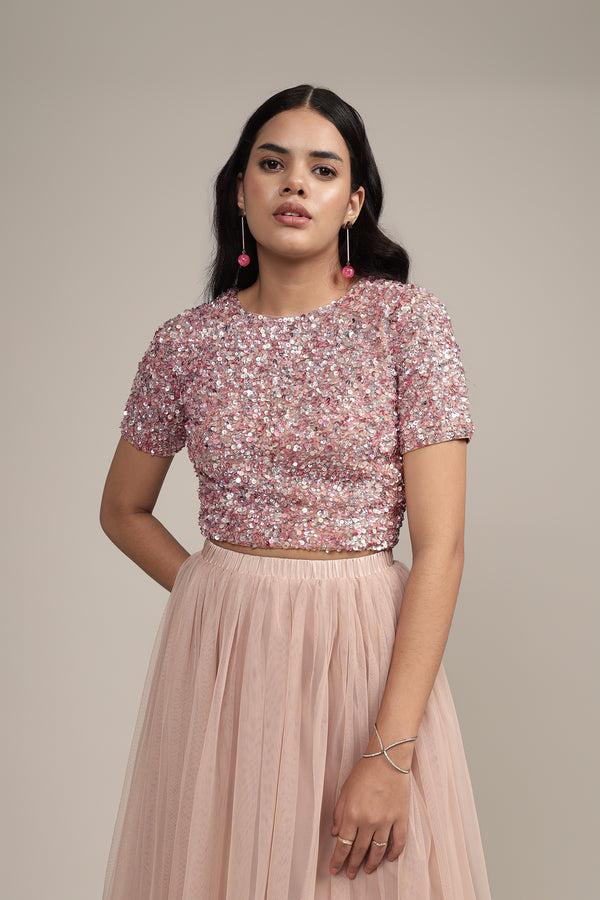 lace & beads Priya Picasso Embellished Top in Mauve