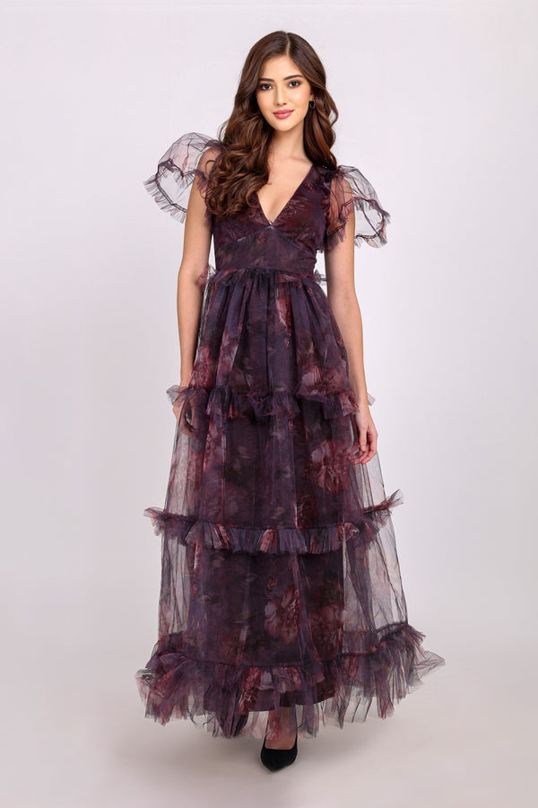 Lace & Beads Quella Maxi Dress In Plum Floral