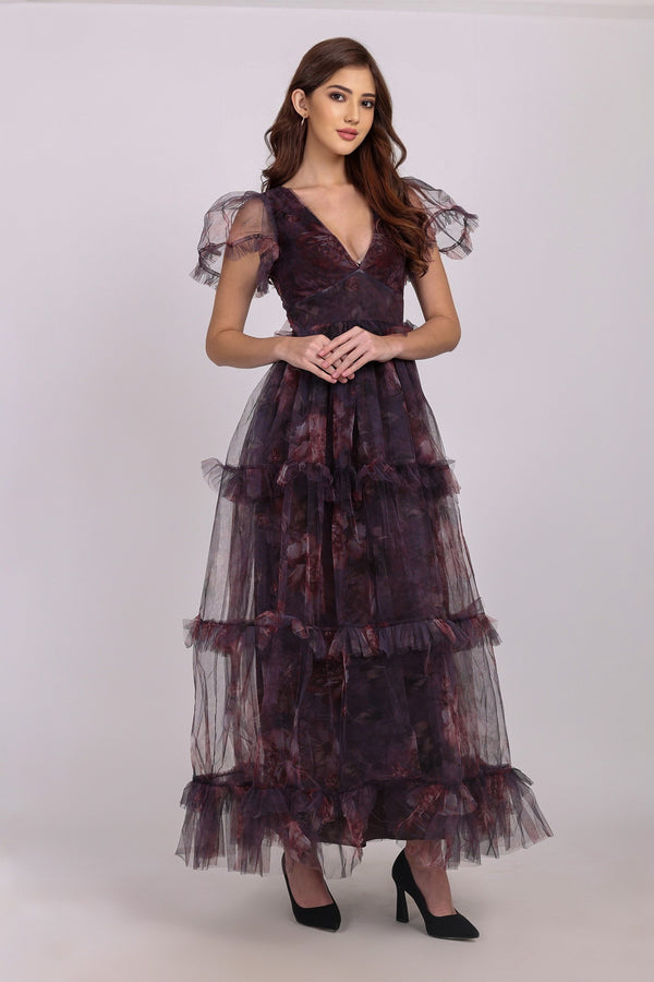 Lace & Beads Quella Maxi Dress In Plum Floral