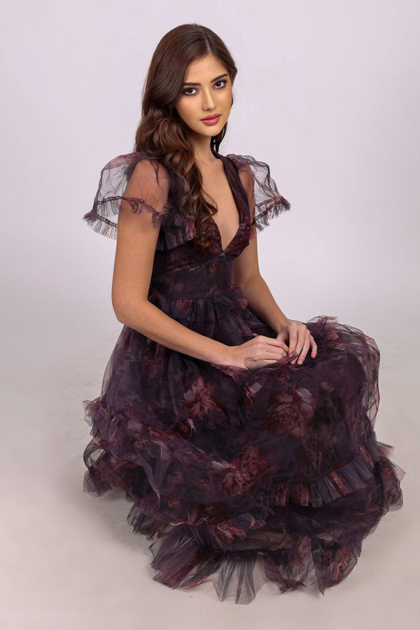 Lace & Beads Quella Maxi Dress In Plum Floral