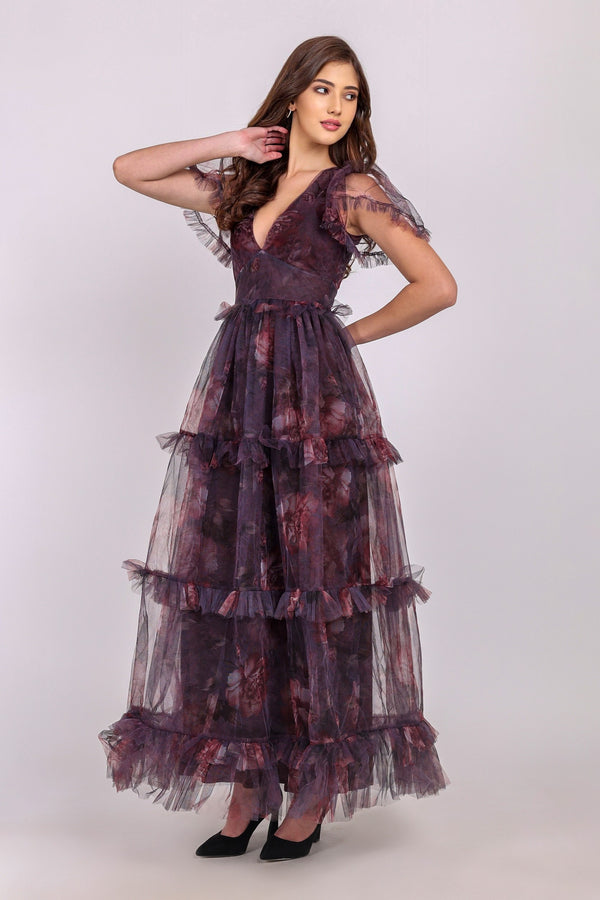 lace & beads Quella Maxi Dress in Plum Floral