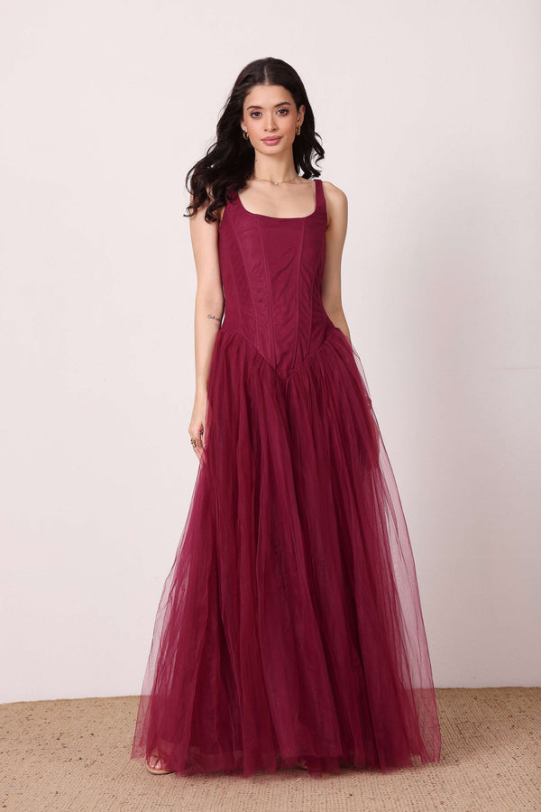 lace & beads Quest Corset Maxi Dress in Fig