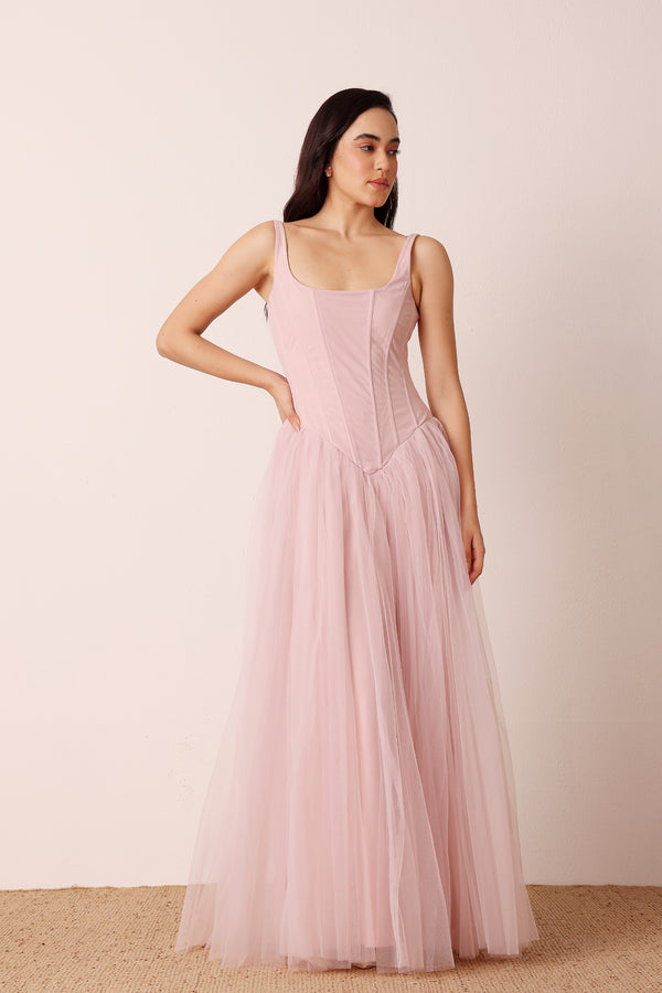 Lace & Beads Quest Corset Maxi Dress In Powder Pink