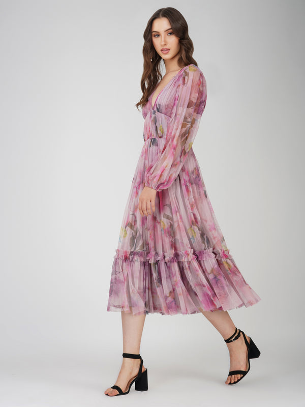 Lace & Beads Rachel Purple Printed Midi Dress