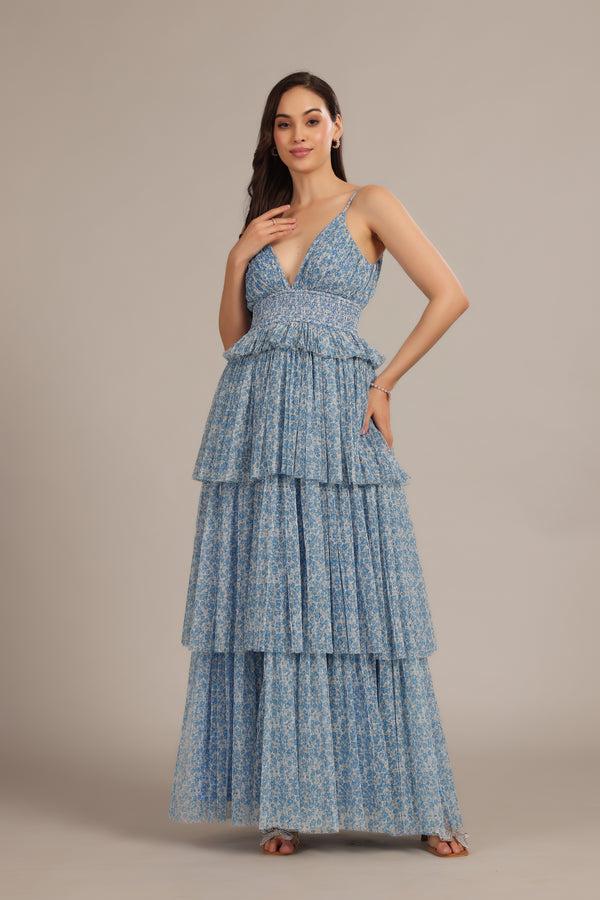Lace & Beads Rani Maxi Dress In Ditsy Blue Floral