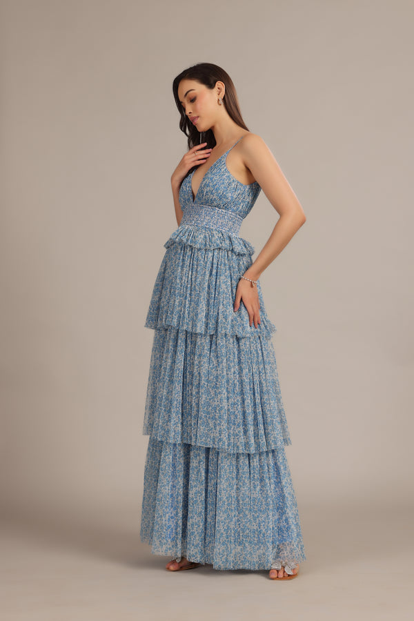Lace & Beads Rani Maxi Dress In Ditsy Blue Floral