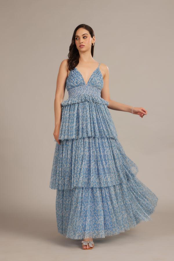 lace & beads Rani Maxi Dress in Ditsy Blue Floral
