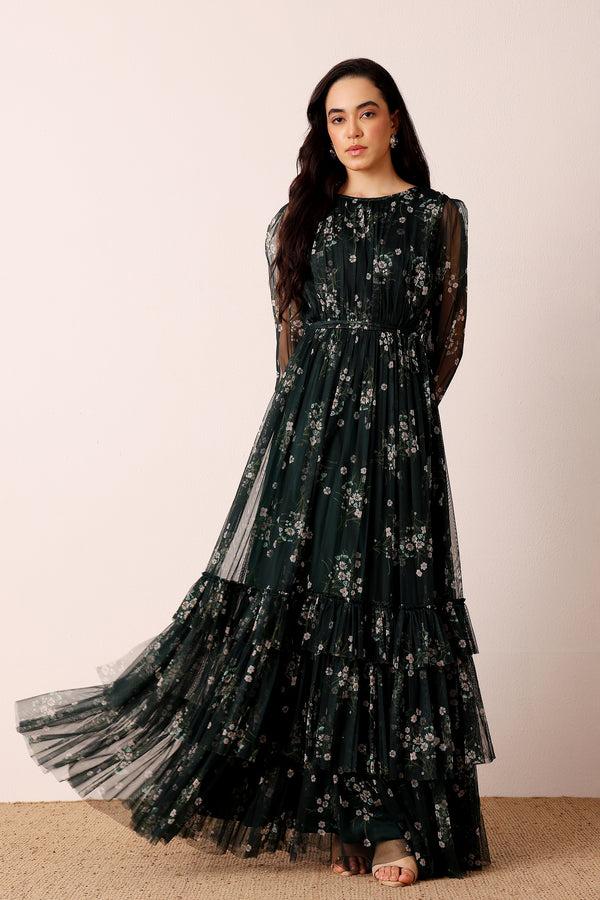Lace & Beads Rebecca Maxi Dress In Emerald Floral