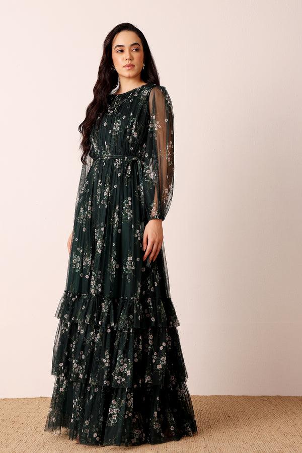 Lace & Beads Rebecca Maxi Dress In Emerald Floral