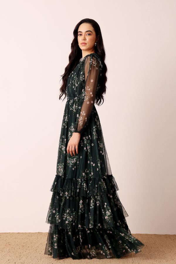 lace & beads Rebecca Maxi Dress in Emerald Floral