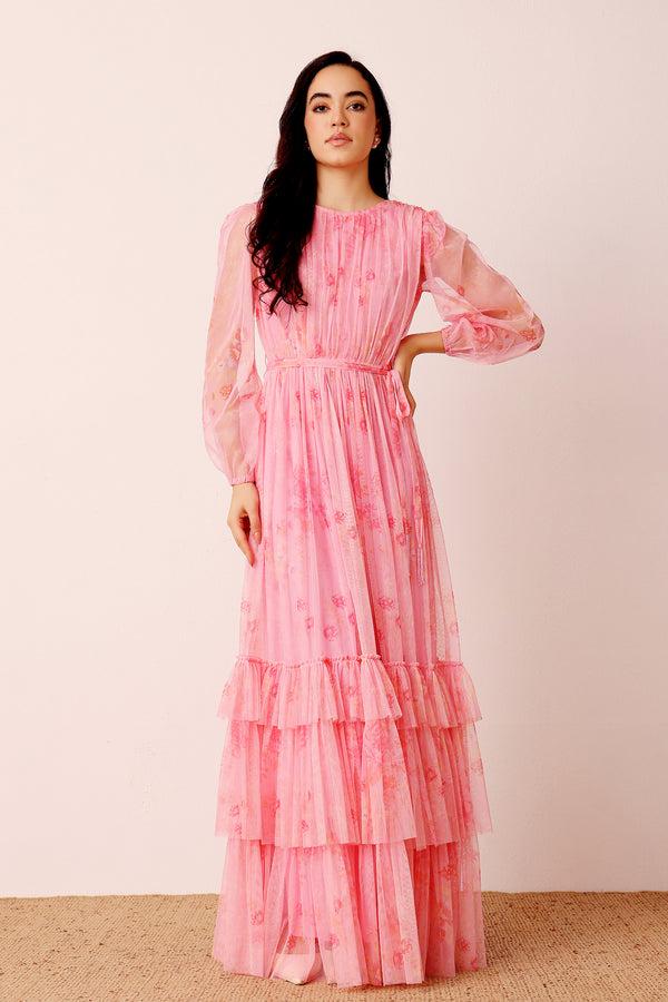 lace & beads Rebecca Maxi Dress in Pink Floral