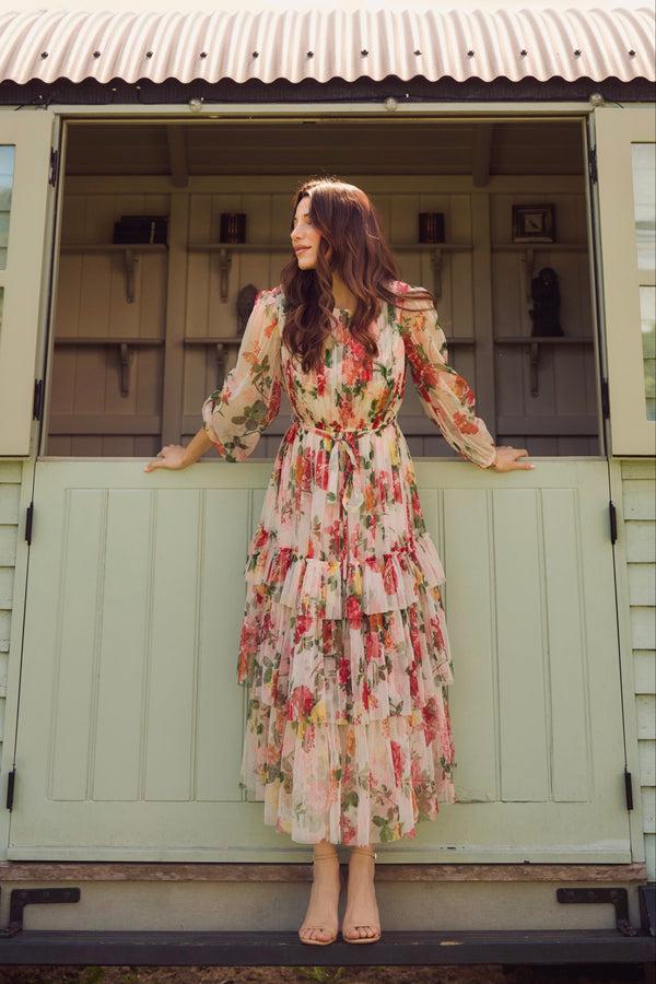 lace & beads Rebecca Midi Dress in Cream Floral