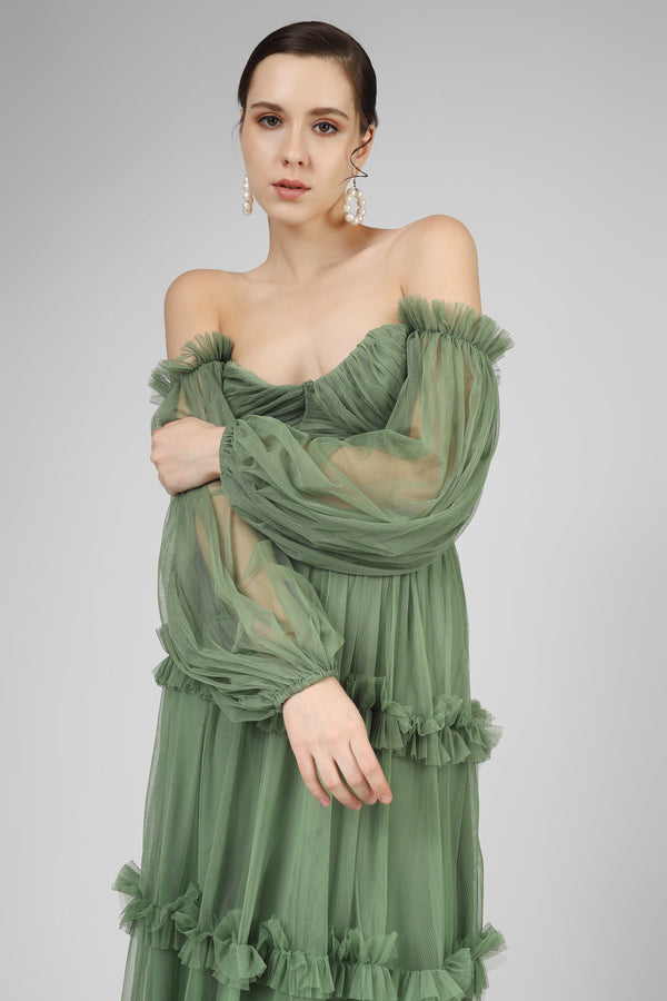 Lace & Beads Rendi Olive Green Tulle Dress