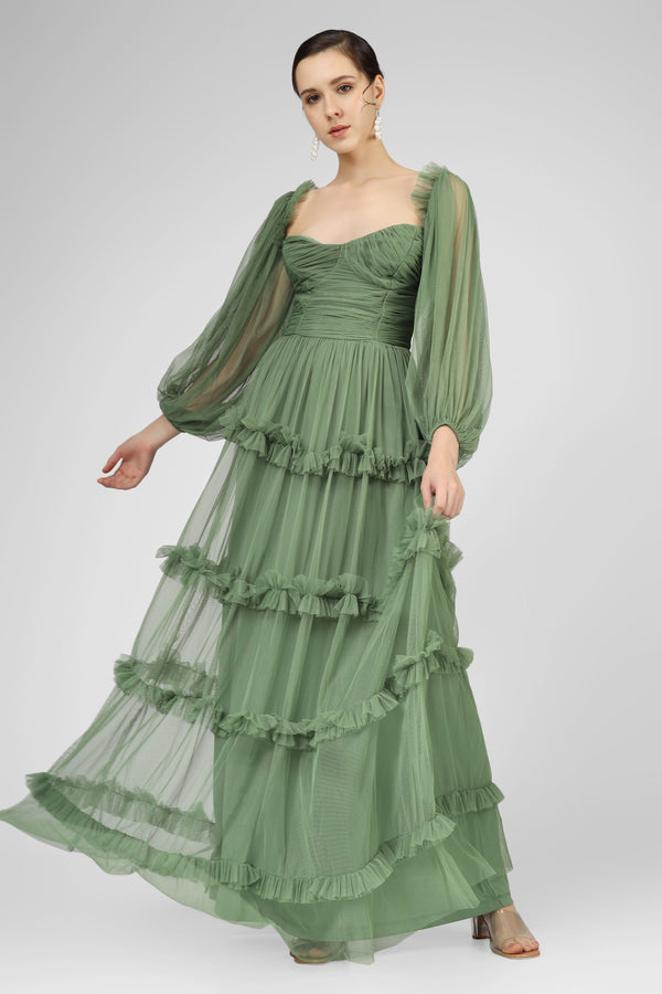 Lace & Beads Rendi Olive Green Tulle Dress