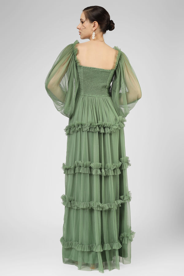 Lace & Beads Rendi Olive Green Tulle Dress