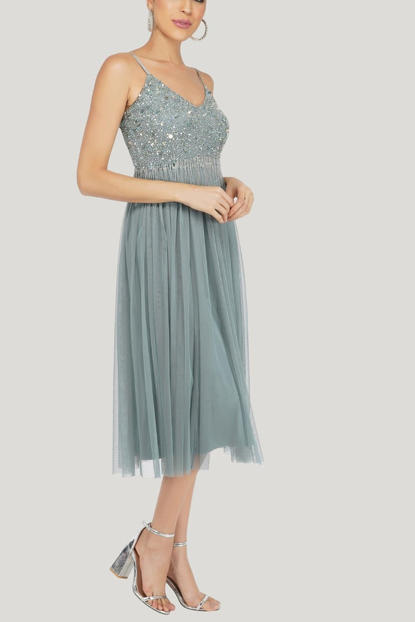 Lace & Beads Riri Embellished Midi Dress In Teal