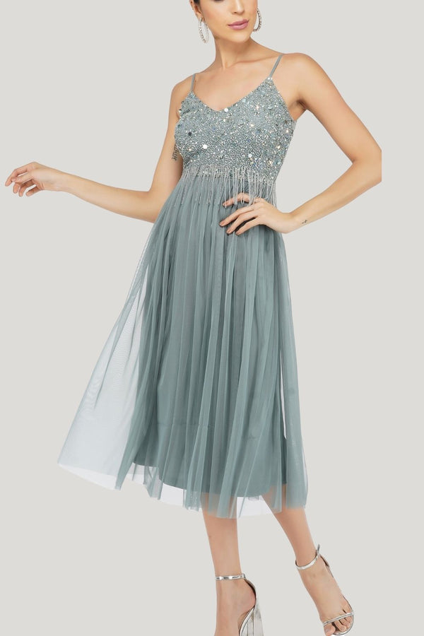 Lace & Beads Riri Embellished Midi Dress In Teal