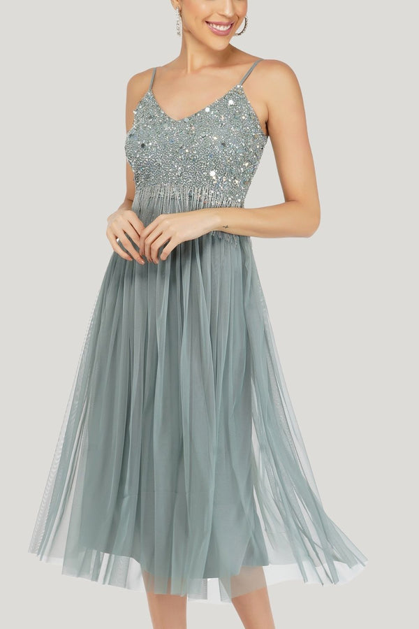 lace & beads Riri Embellished Midi Dress in Teal