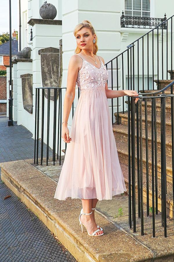 Lace & Beads Riri Nude Pink Embellished Midi Dress