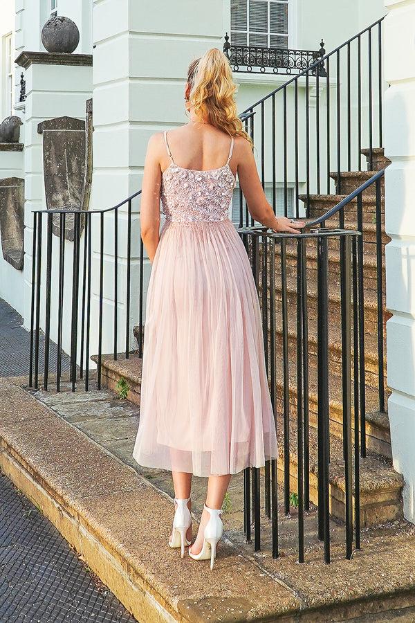 Lace & Beads Riri Nude Pink Embellished Midi Dress