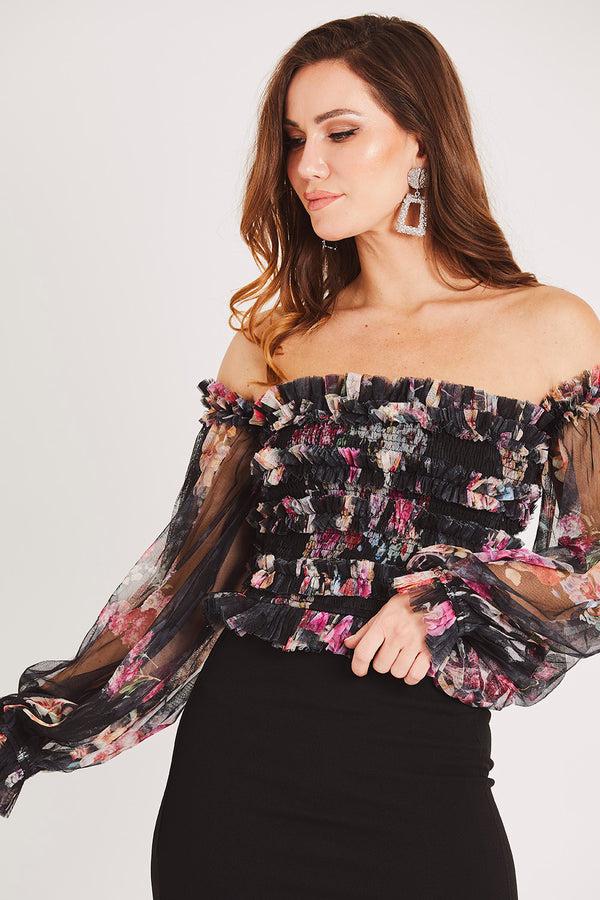 lace & beads Rolf Top in Black Floral