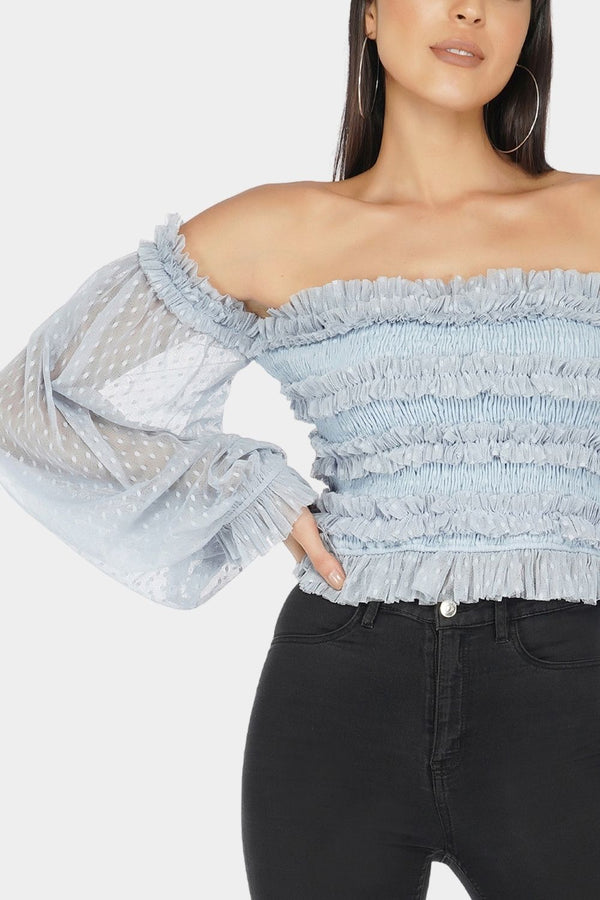 Lace & Beads Rolf Top In Blue Polka