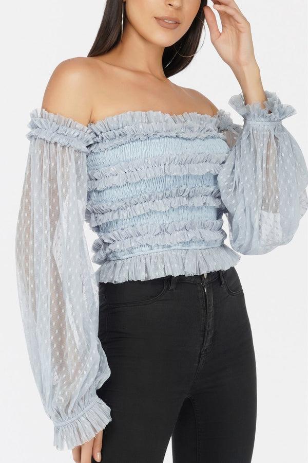 Lace & Beads Rolf Top In Blue Polka