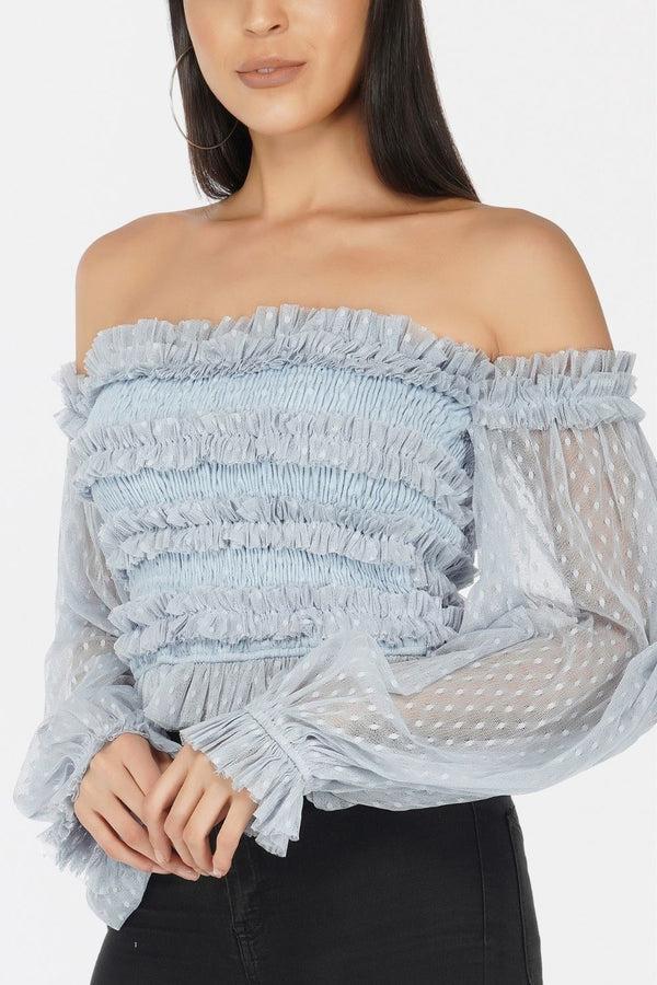 Lace & Beads Rolf Top In Blue Polka