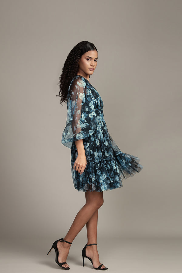 Lace & Beads Rome Blue Floral Tulle Mini Dress