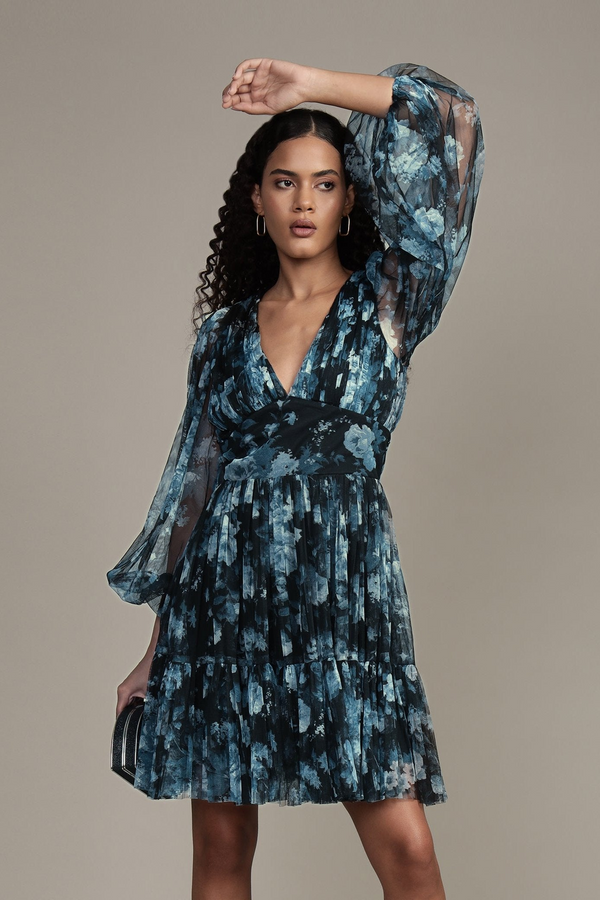 lace & beads Rome Blue Floral Tulle Mini Dress