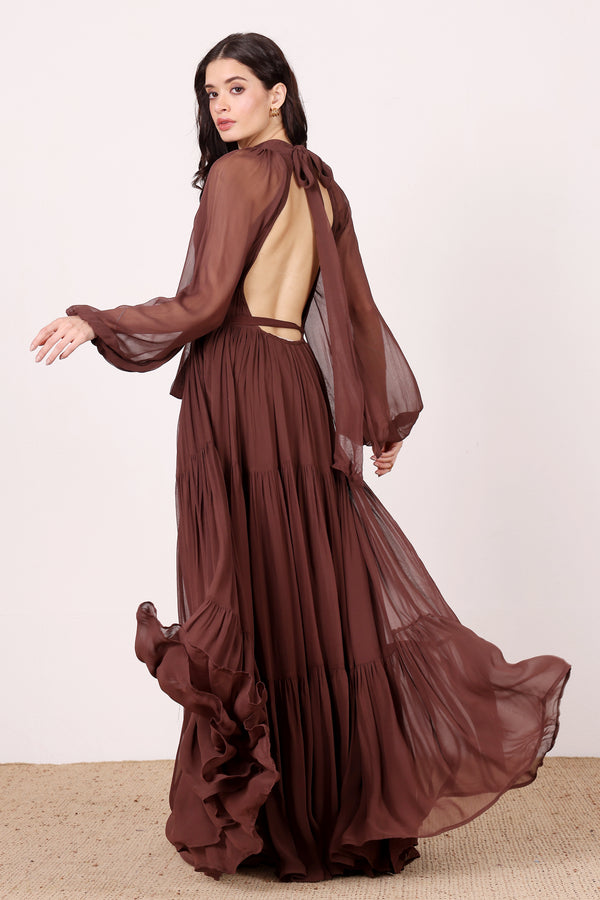 lace & beads Rosetta Maxi Dress in Chocolate Brown