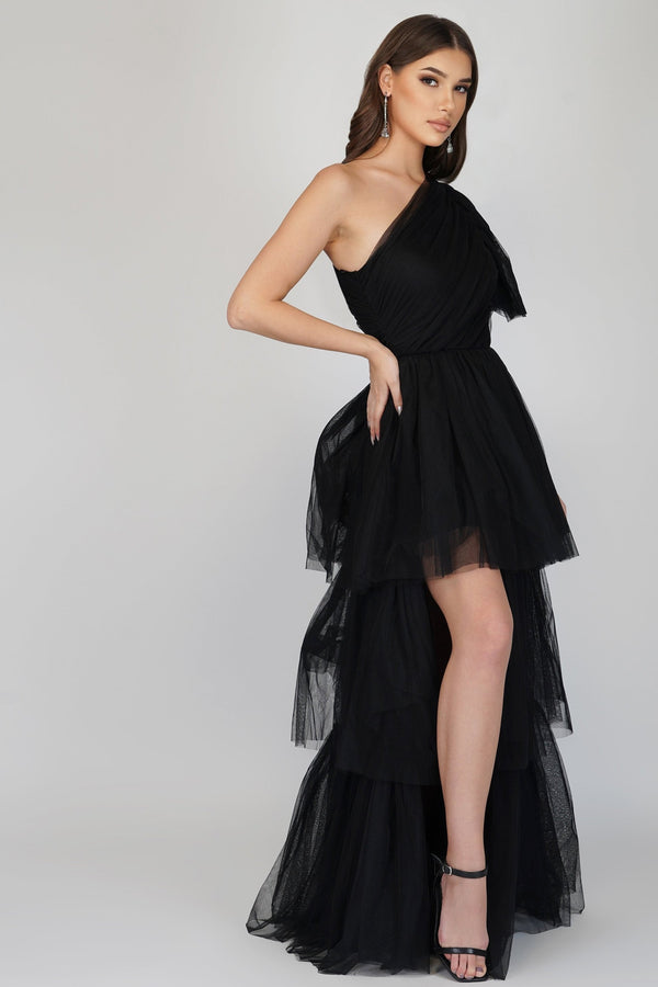 Lace & Beads Rowena One Shoulder Tulle Gown In Black