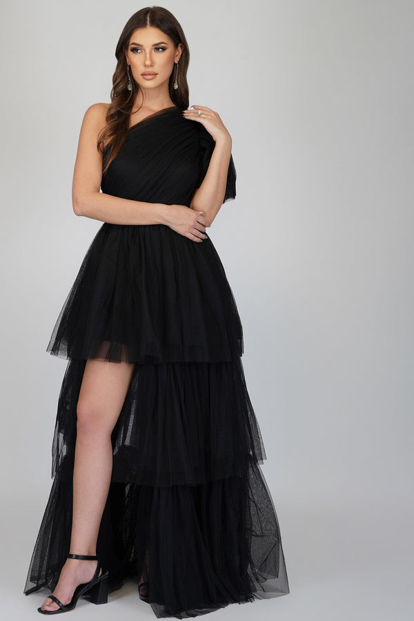 Lace & Beads Rowena One Shoulder Tulle Gown In Black