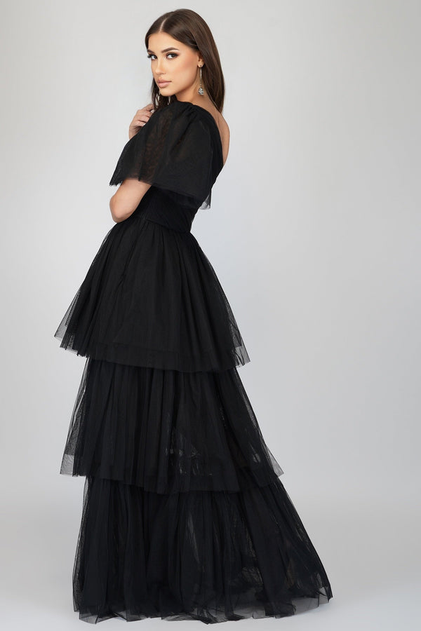 Lace & Beads Rowena One Shoulder Tulle Gown In Black