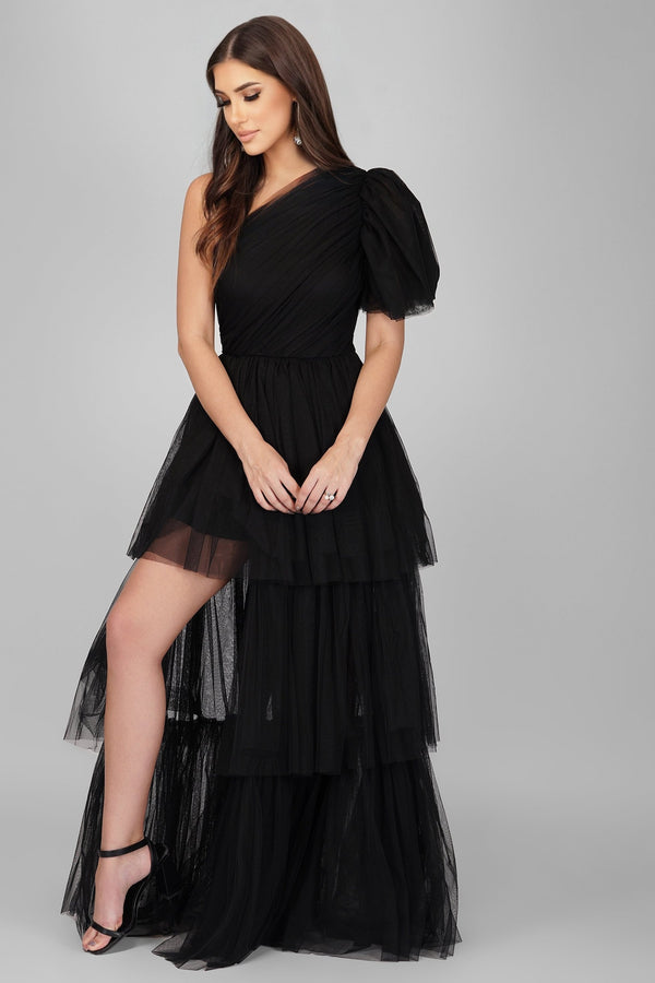 lace & beads Rowena One Shoulder Tulle Gown in Black