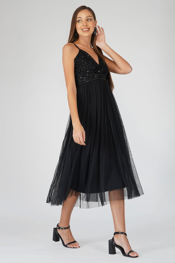 Lace & Beads Ruhi Embellished Midi Dress In Black