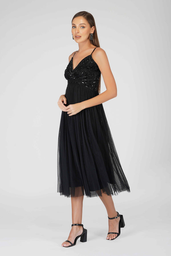 Lace & Beads Ruhi Embellished Midi Dress In Black