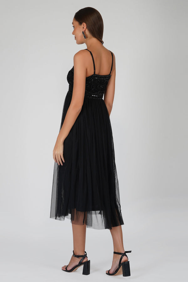 Lace & Beads Ruhi Embellished Midi Dress In Black