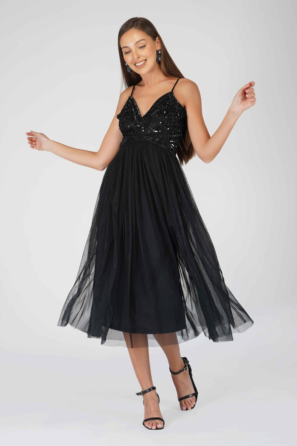 lace & beads Ruhi Embellished Midi Dress in Black