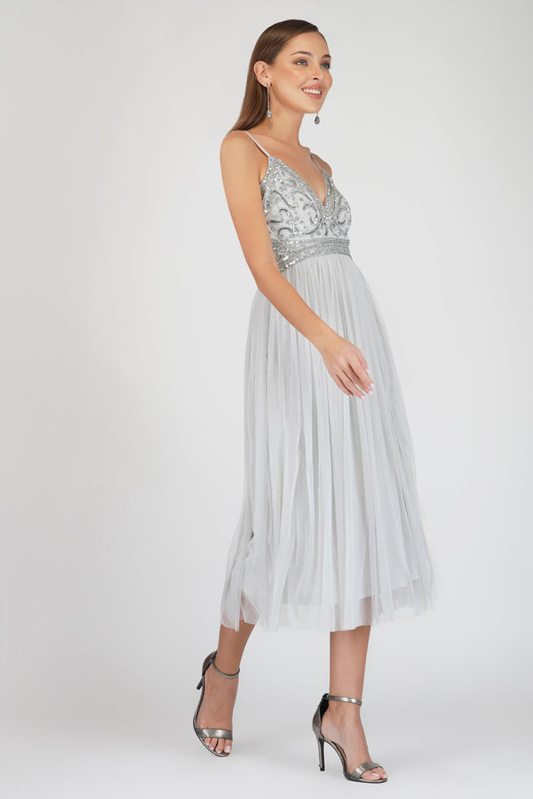 Lace & Beads Ruhi Embellished Midi Dress In Grey