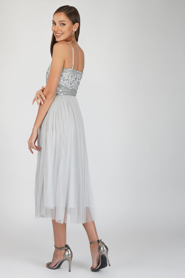 Lace & Beads Ruhi Embellished Midi Dress In Grey