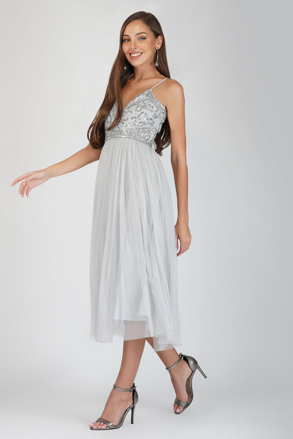 lace & beads Ruhi Embellished Midi Dress in Grey