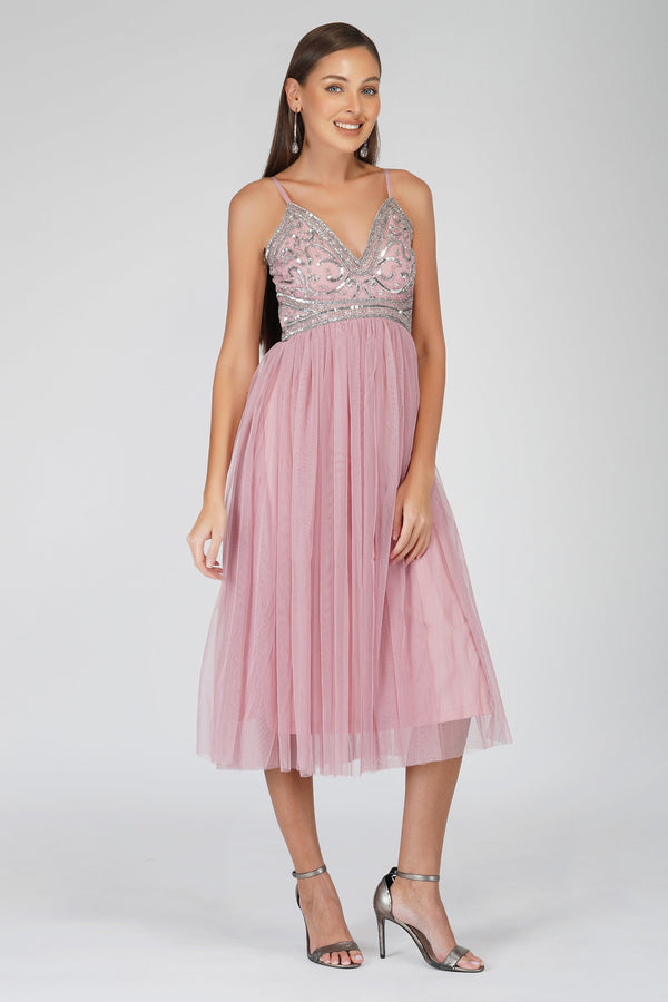 Lace & Beads Ruhi Embellished Midi Dress In Mauve