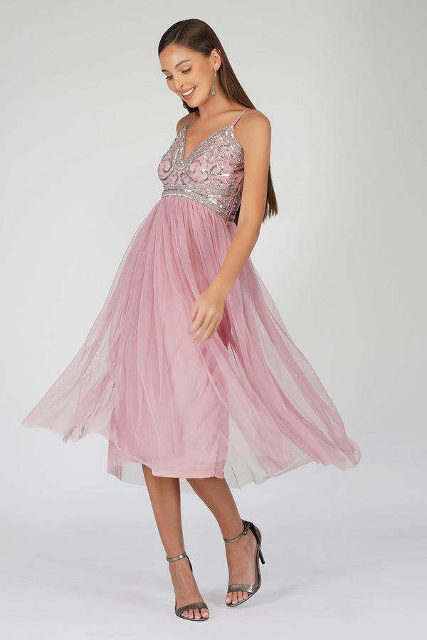 lace & beads Ruhi Embellished Midi Dress in Mauve