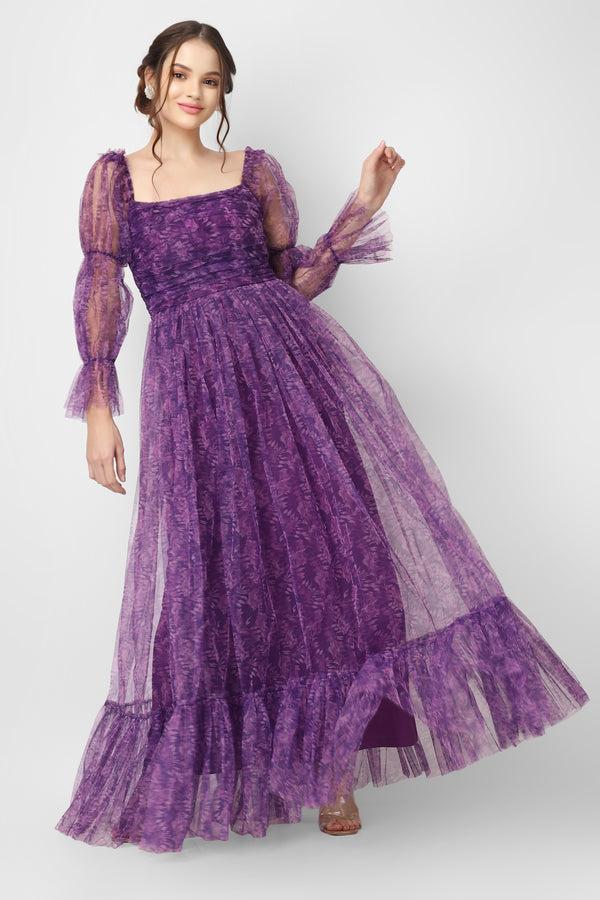 Lace & Beads Ruth Purple Printed Tulle Dress